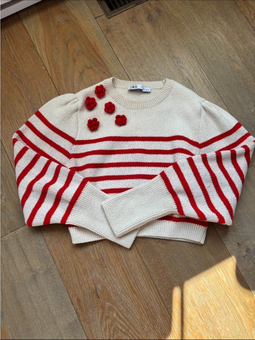 Zara Cream Sweater with Red Stripes & Floral Appliqués